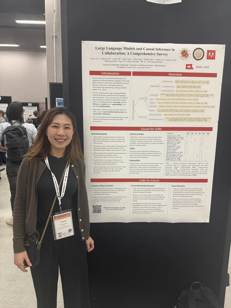 A Furong Lab researcher presenting a poster at a conference